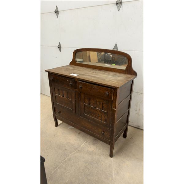 Antique Oak Dresser with Mirror, 2 Drawers, 2 Cabinets, and 1 Lower Drawer