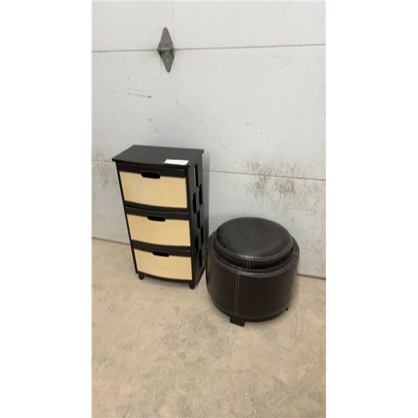 Three-Drawer Storage Unit and Round Faux Leather Ottoman