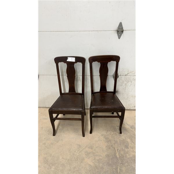 Pair of Vintage Dark Wood Dining Chairs, Splat Back, Upholstered Brown Seats