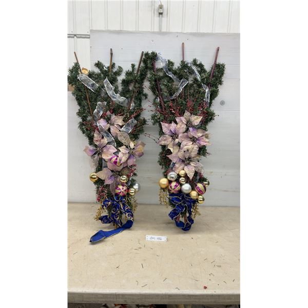 Pair of Christmas Decorations, ~40 × 16” with Poinsettias and Ornaments