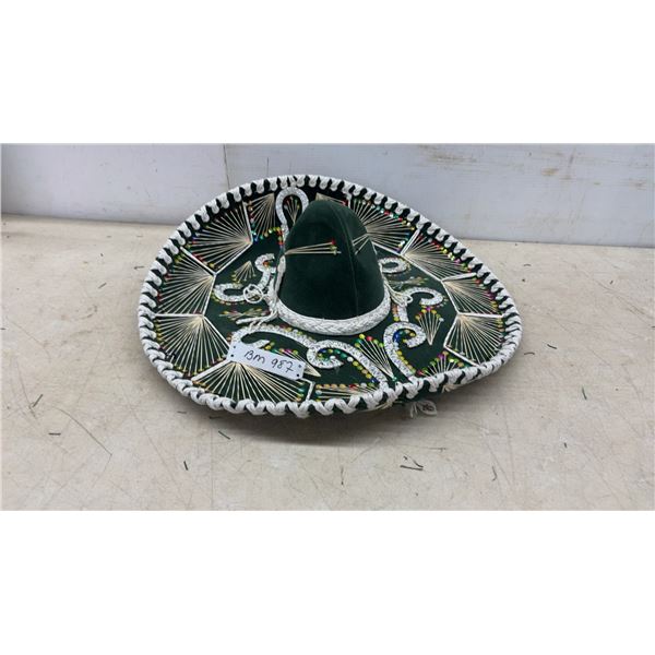 Green Sombrero with White Braiding, Silver Embroidery, and Sequins