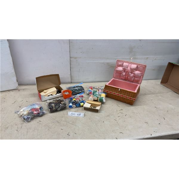Wicker Sewing Basket with Thread, Singer Attachments, Buttons, Zippers, and More