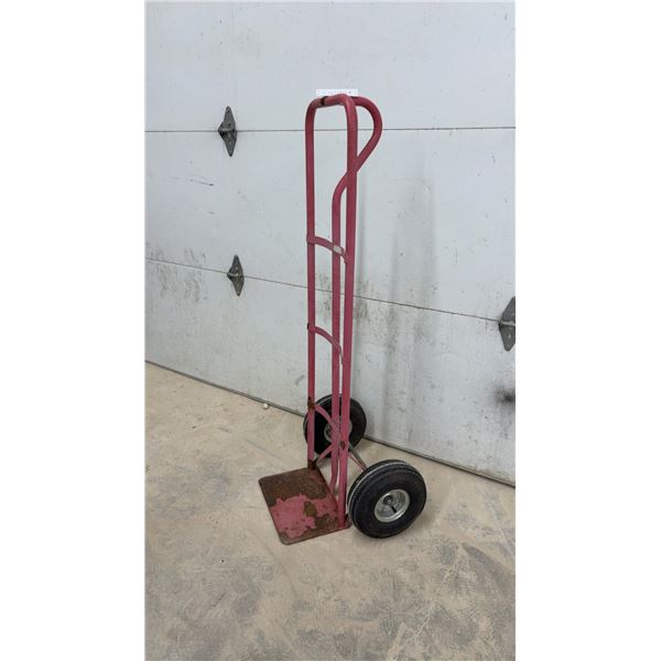 Two-Wheeled Utility Hand Truck, Red Metal Frame, Pneumatic Tires