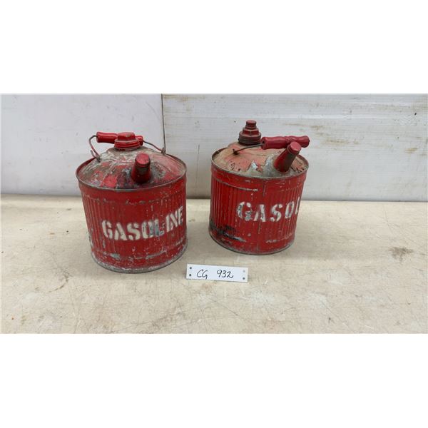 Two Vintage “Gasoline” Metal Fuel Cans with Spouts and Handles