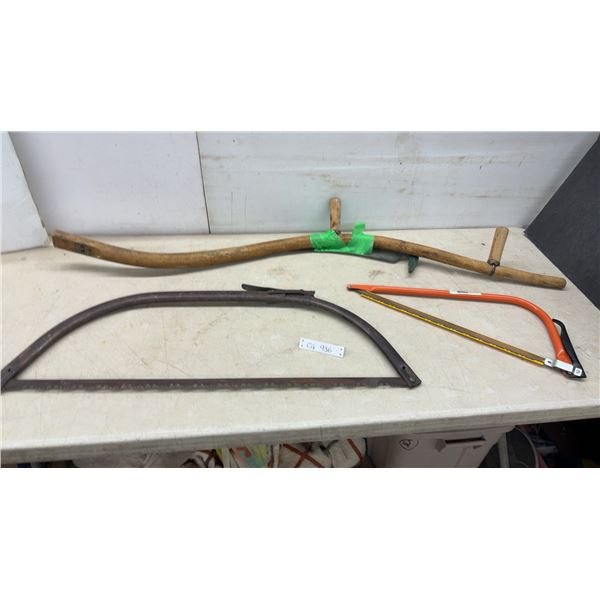Vintage Bow Saw, Modern Bow Saw, and Scythe with Sickle Blade