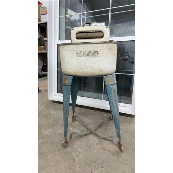 Vintage One-Minute Washing Machine and Wringer on a Steel Rolling Stand