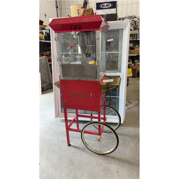 Red Popcorn Machine on Cart with Gold Wheels, 60 × 30 × 18”