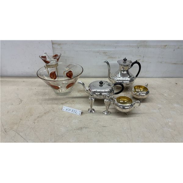 Silver-Plated Tea and Coffee Service, Shakers, and Vintage Glass Chip and Dip Set