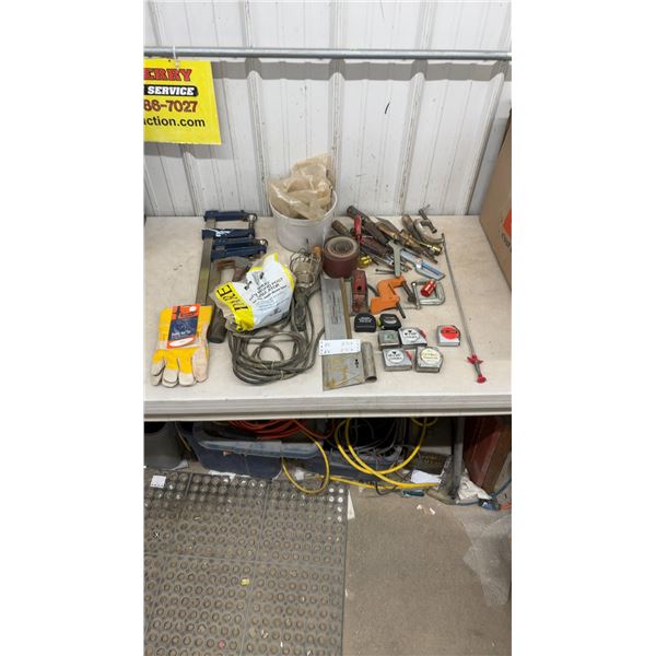 Assorted Hand and Power Tools: Gander Gloves, Clamps, Hammer, and Sander