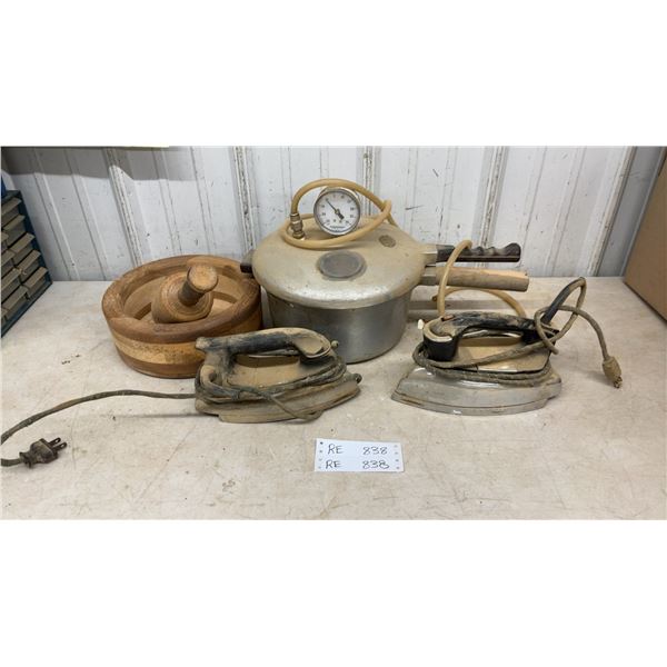 Vintage Farberware Pressure Cooker, Wooden Bowl, and Antique Electric Irons