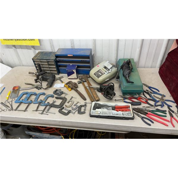 Black and Decker 3/8" Drill, C-Clamps, Pliers, Hammers, and Rivet Gun