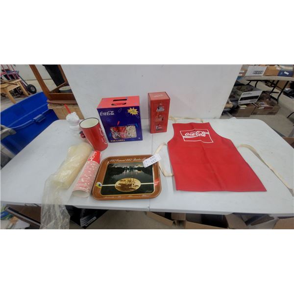 Coca-Cola Collectibles: 1982 Centennial Tray, Fun Lights, Apron, Cups, and Tin