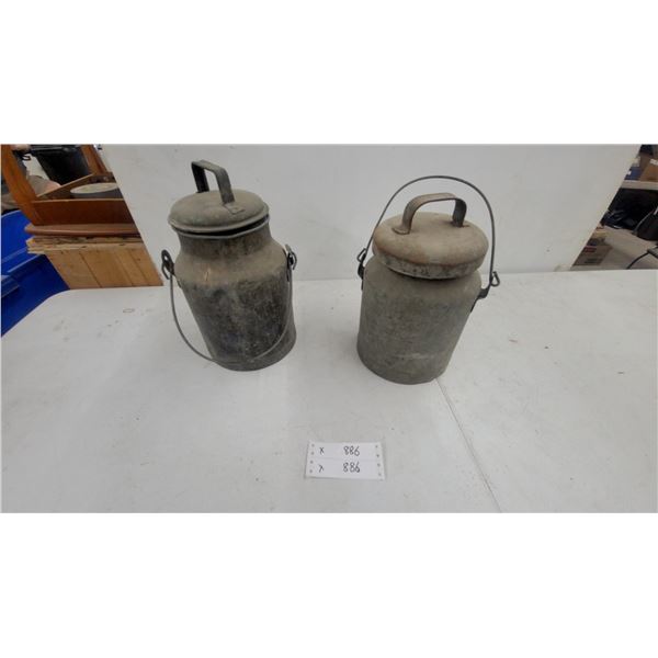 Two Vintage Galvanized Metal Milk Cans with Lids, Bail Handles, and Wood Crate