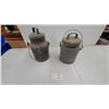 Image 1 : Two Vintage Galvanized Metal Milk Cans with Lids, Bail Handles, and Wood Crate