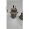 Image 2 : Two Vintage Galvanized Metal Milk Cans with Lids, Bail Handles, and Wood Crate
