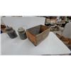 Image 7 : Two Vintage Galvanized Metal Milk Cans with Lids, Bail Handles, and Wood Crate