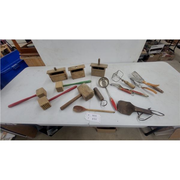 Vintage Wooden Butter Molds, Meat Tenderizers, Masher, Spatulas, and Ladle