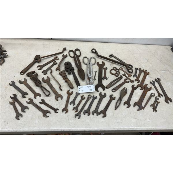 Large Lot of Antique Wrenches, Pipe Wrenches, Tin Snips, and Pliers