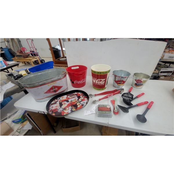 Coca-Cola Galvanized Beverage Tub, Santa Tray, Tins, Buckets, and Utensils