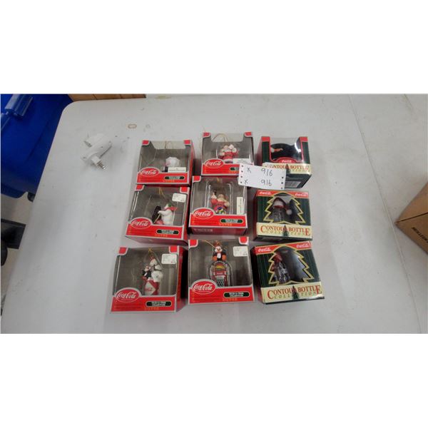 9 Coca-Cola Trim-a-Tree and Contour Bottle Christmas Ornaments, Santa, and Penguins