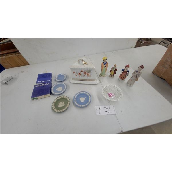 Wedgwood Jasperware Plates, Porcelain Figurines, and Occupied Japan Lace China Dish