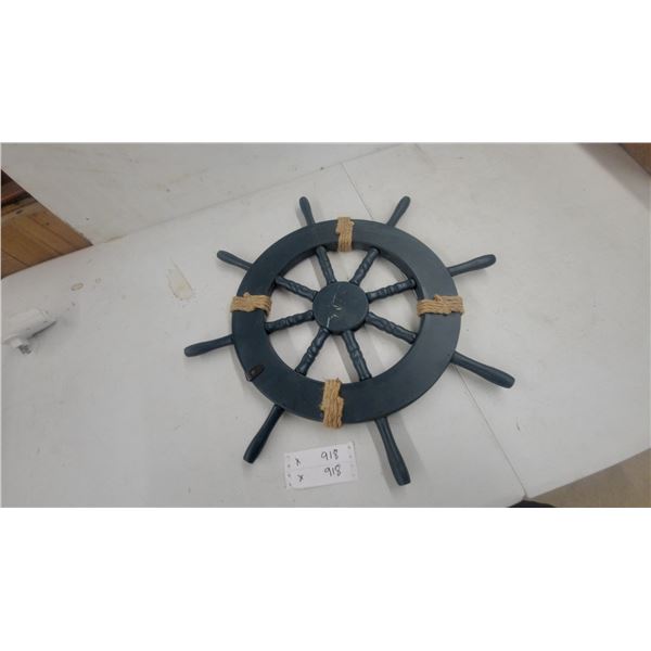 Decorative Wooden Ship's Wheel, Rope Accents, Distressed Blue-Gray, 19" Diameter