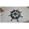 Image 1 : Decorative Wooden Ship's Wheel, Rope Accents, Distressed Blue-Gray, 19" Diameter