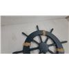 Image 2 : Decorative Wooden Ship's Wheel, Rope Accents, Distressed Blue-Gray, 19" Diameter