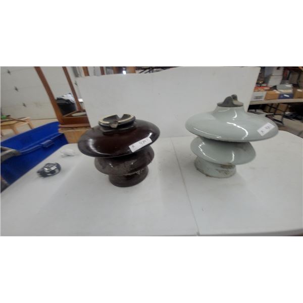 2 Multi-Skirted High-Voltage Porcelain Power Line Insulators, Brown and Grey