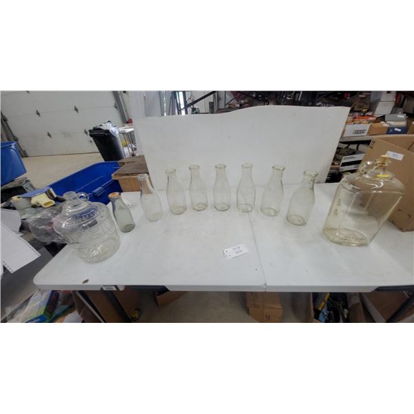 Vintage Clear Glass Milk Bottles and Large Carboy Jugs with Cork Stopper