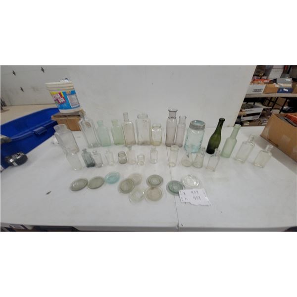 Antique Glass Bottles, Jars, Mason Jar with Zinc Lid, and Stoppers