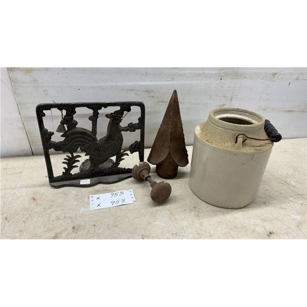 Cast Iron Rooster Cookbook Stand, Stoneware Crock, Iron Finial, and Door Knob