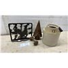 Image 1 : Cast Iron Rooster Cookbook Stand, Stoneware Crock, Iron Finial, and Door Knob