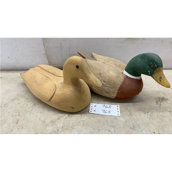 Two Wooden Duck Decoys, Painted Mallard and Unpainted Hen with Glass Eyes