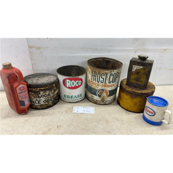 Vintage Oil and Grease Cans, Esso Outboard Oil Bottle, Frost Cop Anti-Freeze Can