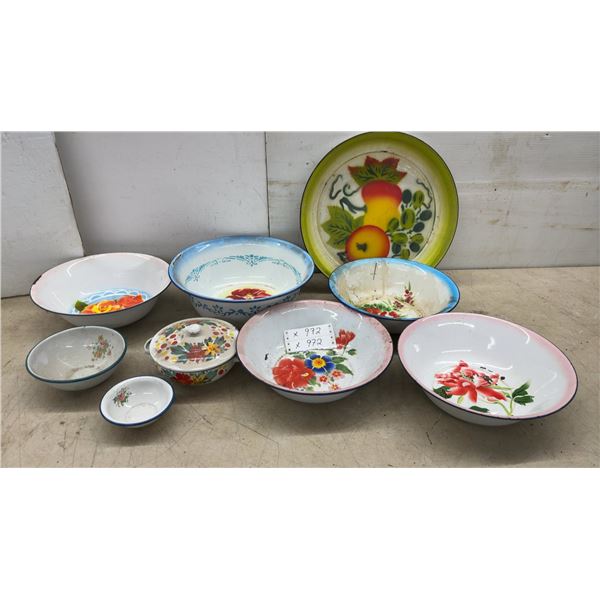 Assorted Enamelware: 10 Bowls and 1 Tray with Floral and Fruit Designs