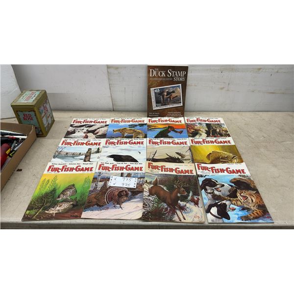 The Duck Stamp Story Book, Red Nose Tin, and 16 Fur-Fish-Game Magazines