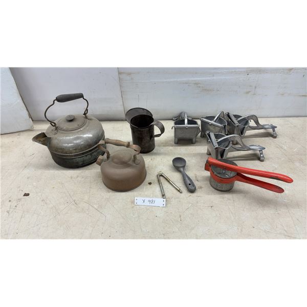 Vintage Stovetop Kettles, Copper Kettle, Potato Ricers, and Tin Pitcher