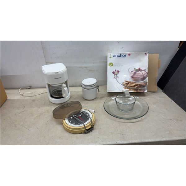 Anchor Hocking Chip and Dip Set, Proctor Silex Coffee Maker, and Marbles