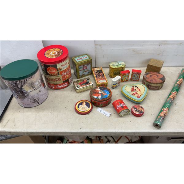 Coca-Cola Tins, Red Rose Tea Tins, Fig Newton Tin, and Christmas Wrapping Paper