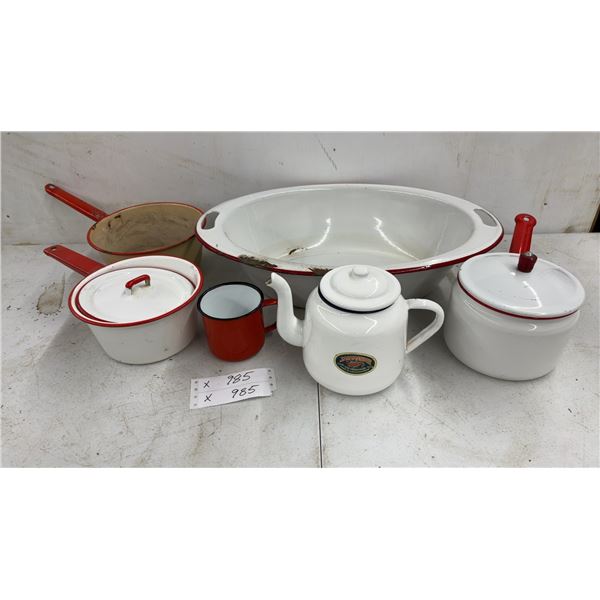Vintage Enamelware: Large Basin, 2 Saucepans, Teapot, Mug, and Sugar Bowl