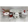 Image 1 : Vintage Enamelware: Large Basin, 2 Saucepans, Teapot, Mug, and Sugar Bowl