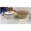 Image 2 : Vintage Enamelware: Large Basin, 2 Saucepans, Teapot, Mug, and Sugar Bowl