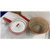 Image 3 : Vintage Enamelware: Large Basin, 2 Saucepans, Teapot, Mug, and Sugar Bowl