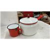 Image 4 : Vintage Enamelware: Large Basin, 2 Saucepans, Teapot, Mug, and Sugar Bowl