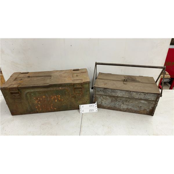 Two Vintage Metal Boxes: Green Ammo Box and Gray Cantilever Tool Box