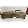 Image 1 : Two Vintage Metal Boxes: Green Ammo Box and Gray Cantilever Tool Box
