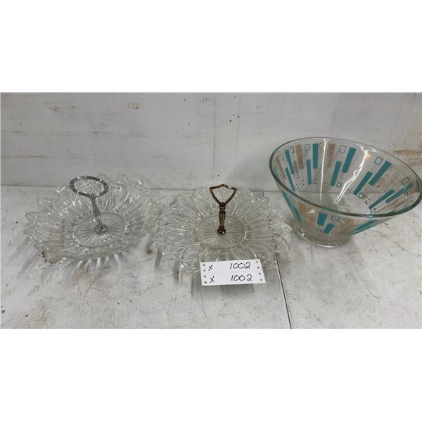 Mid-Century Modern Bowl and Iridescent Glass and Crystal Serving Tray