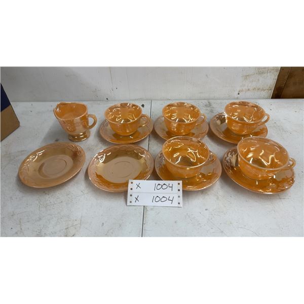 Fire-King Peach Lusterware Tea Set: 6 Cups, 6 Saucers, and Creamer