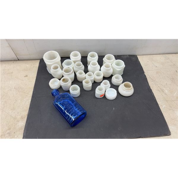 Milk of Magnesia Blue Bottle and Milk Glass Jars